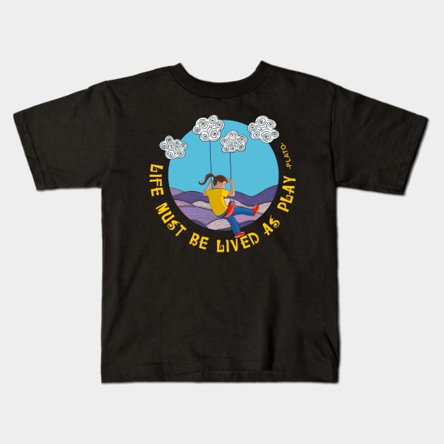 Girl swinging from clouds Kids T-Shirt by RoeArtwork